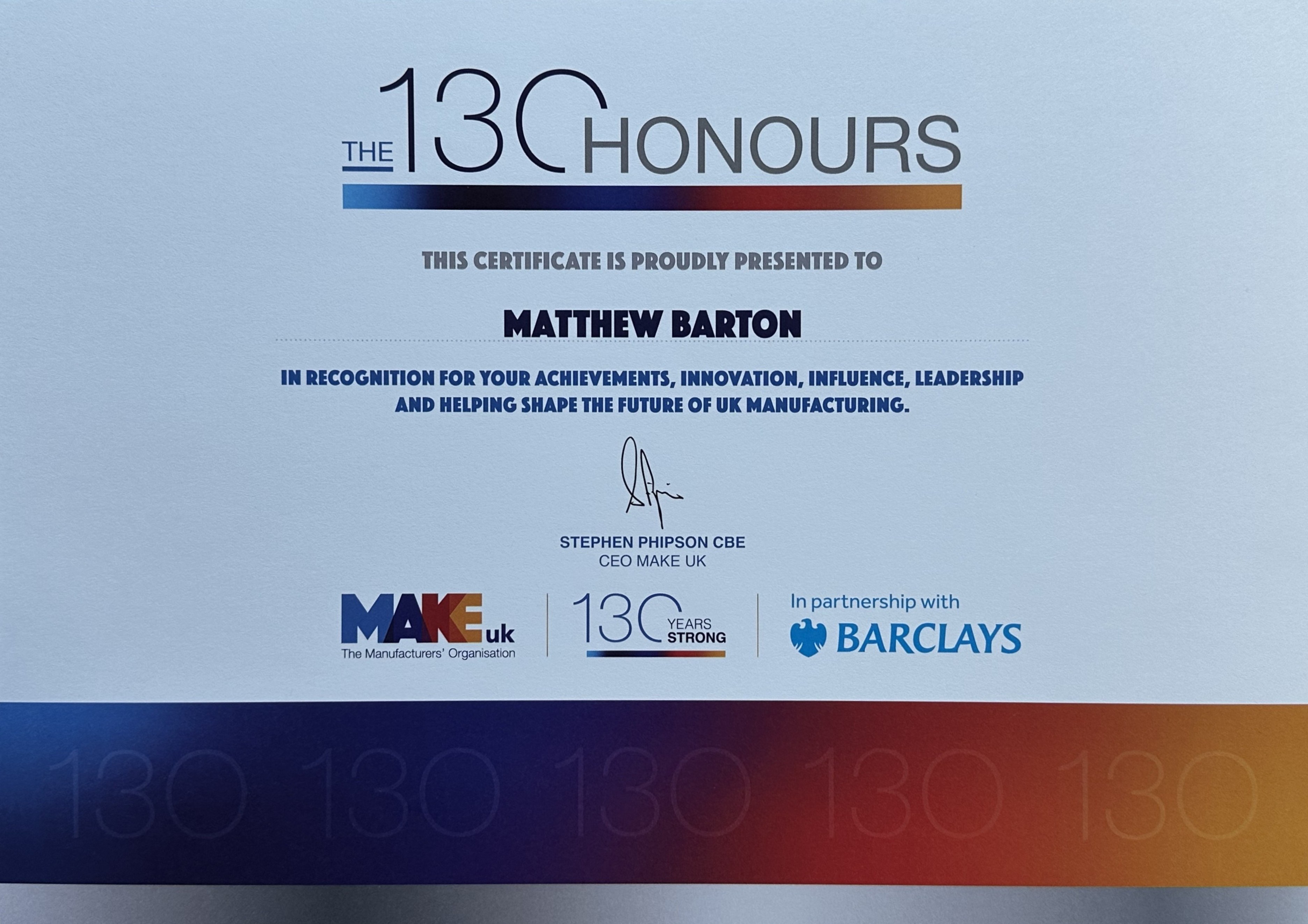 Matthew's Make UK 130 Certificate